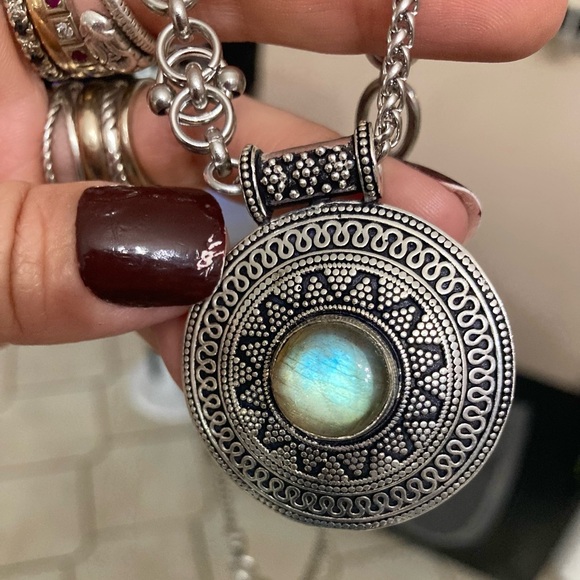 Flash iridescent labradorite gemstone boho round design double chain necklace - Picture 2 of 13